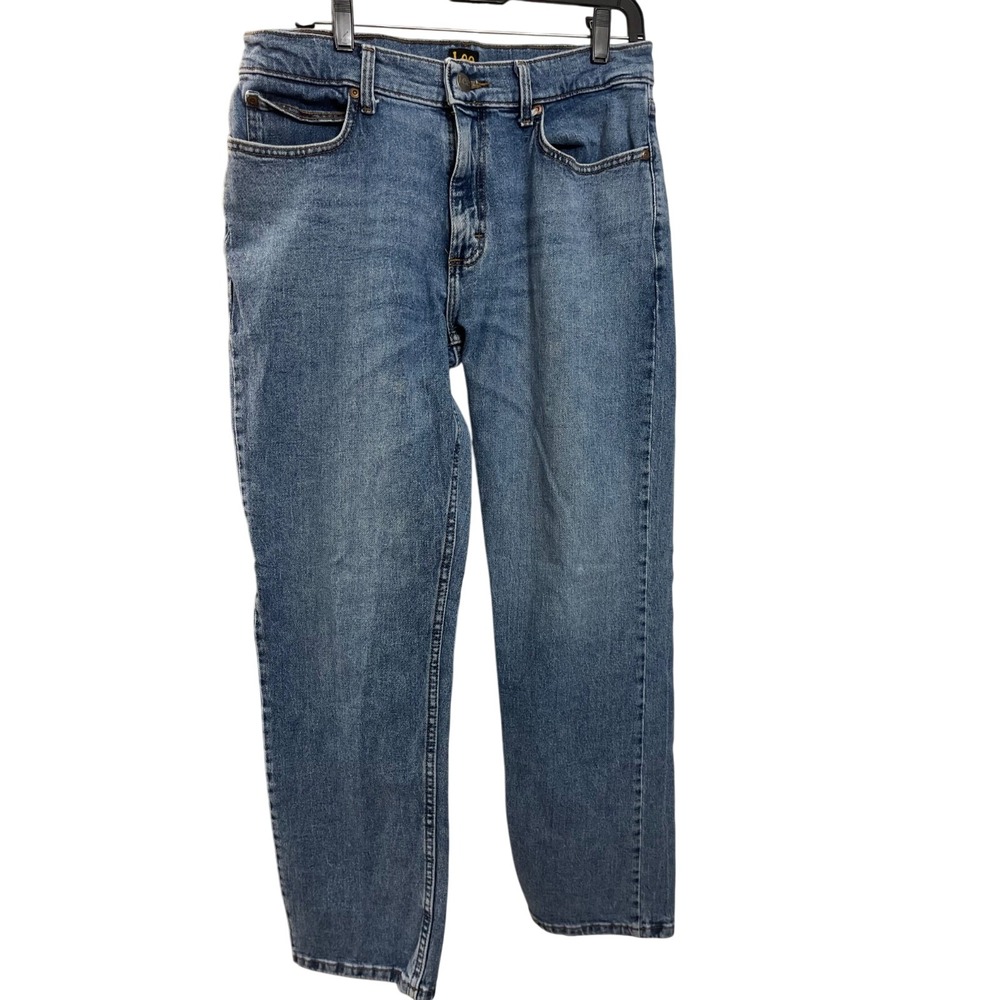 Lee Jeans Men 33x30 Blue Cotton Denim Straight Stretch Faded Light Wash Workwear
